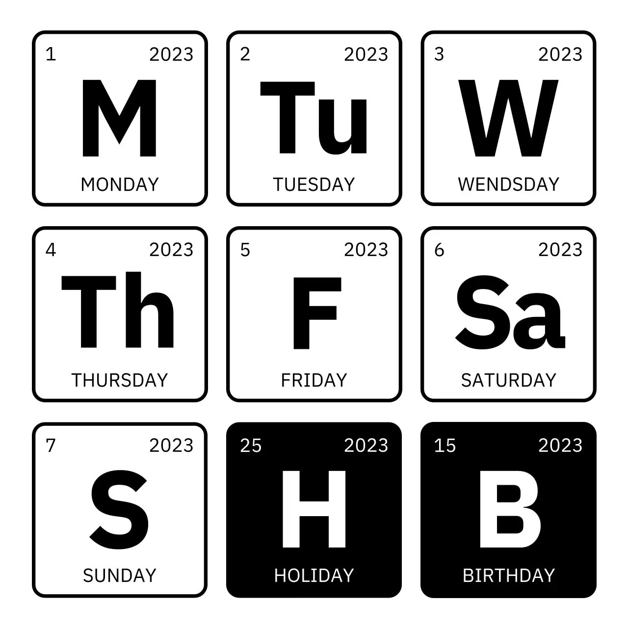 검정색과 흰색의 원소표 컨셉의 날짜와 요일 디자인