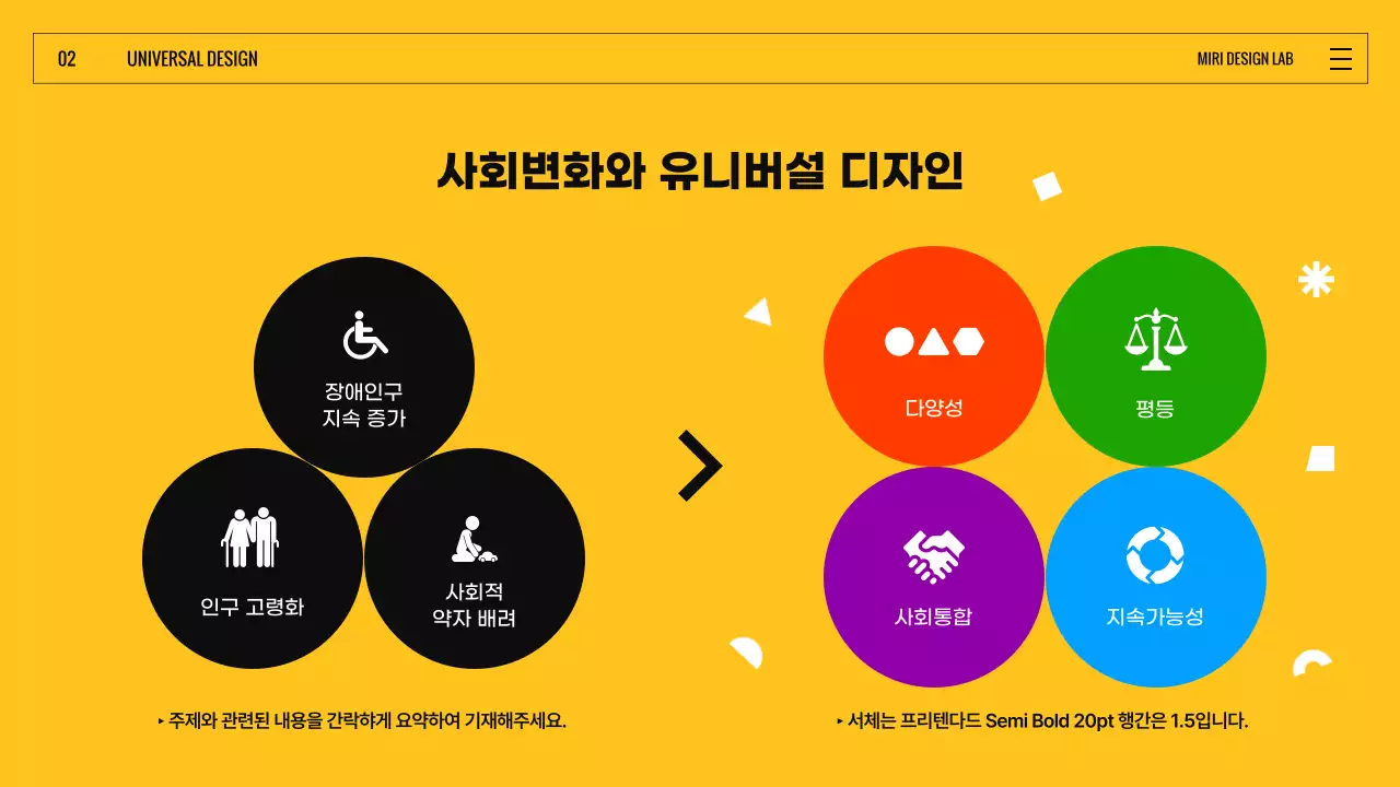 검은색과 노란색 컬러풀한 표정있는 도형의 유니버설디자인  소개