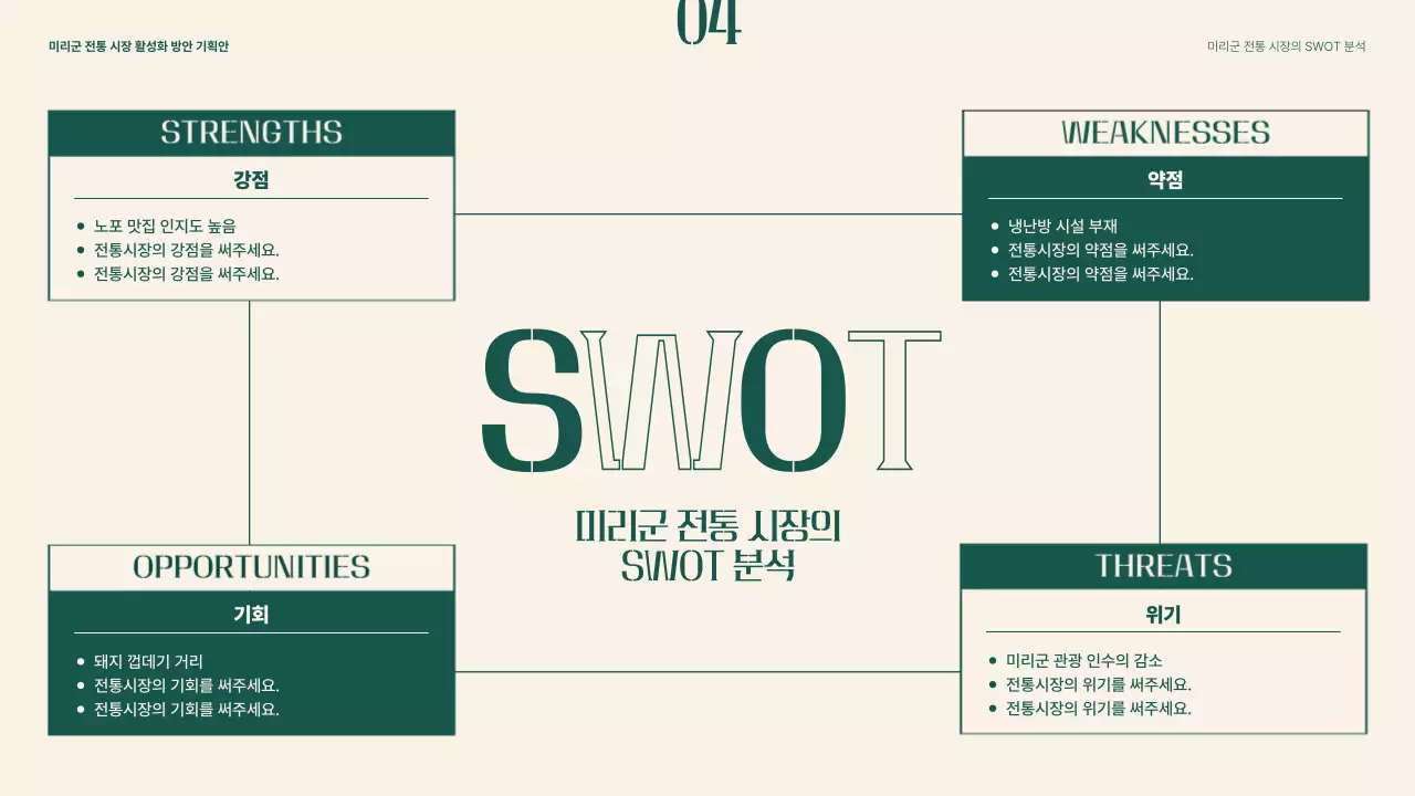 녹색과 베이지색의 오브제와 타이포를 활용한 전통시장 활성화 방안 기획안