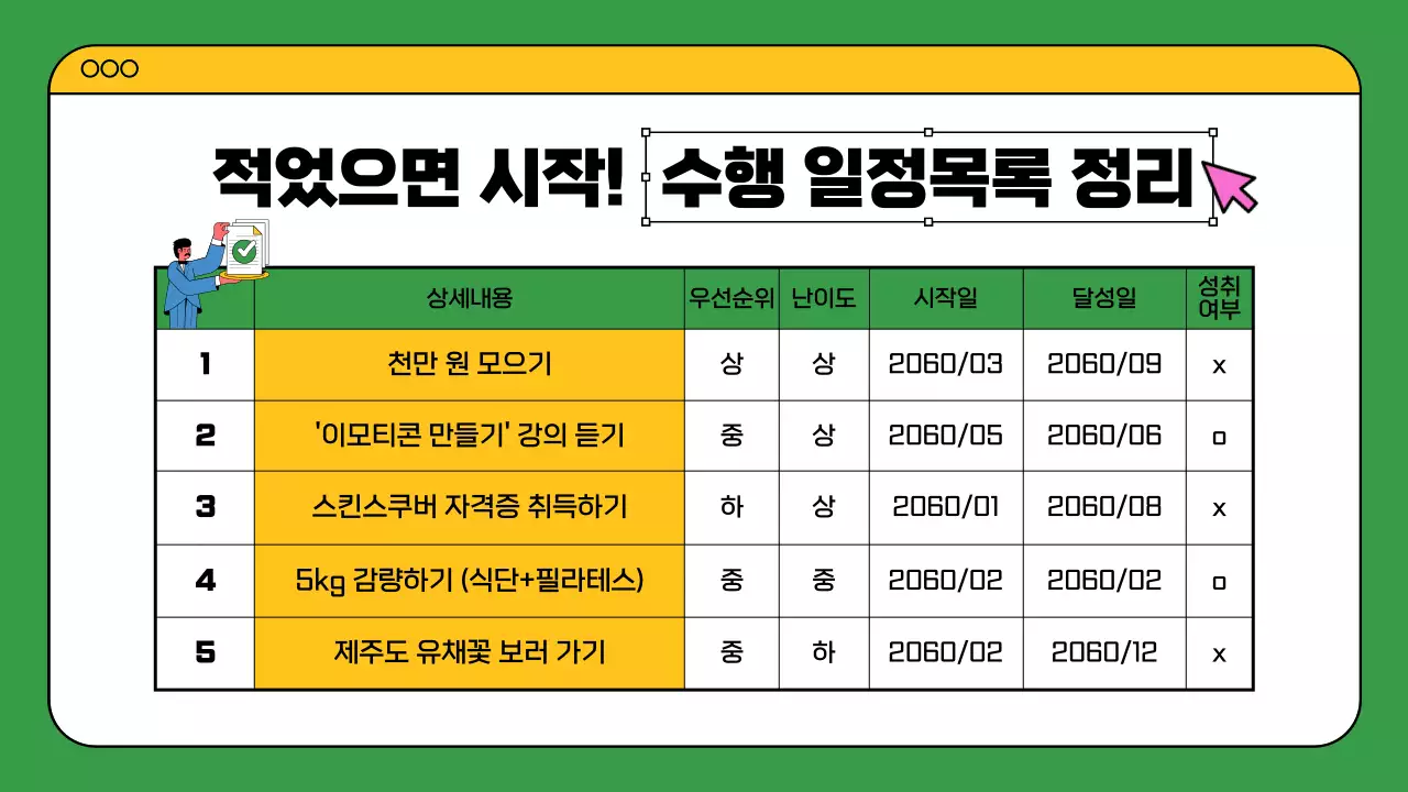 초록색과 노란색의 다채로운 웹브라우저 컨셉의 버킷리스트