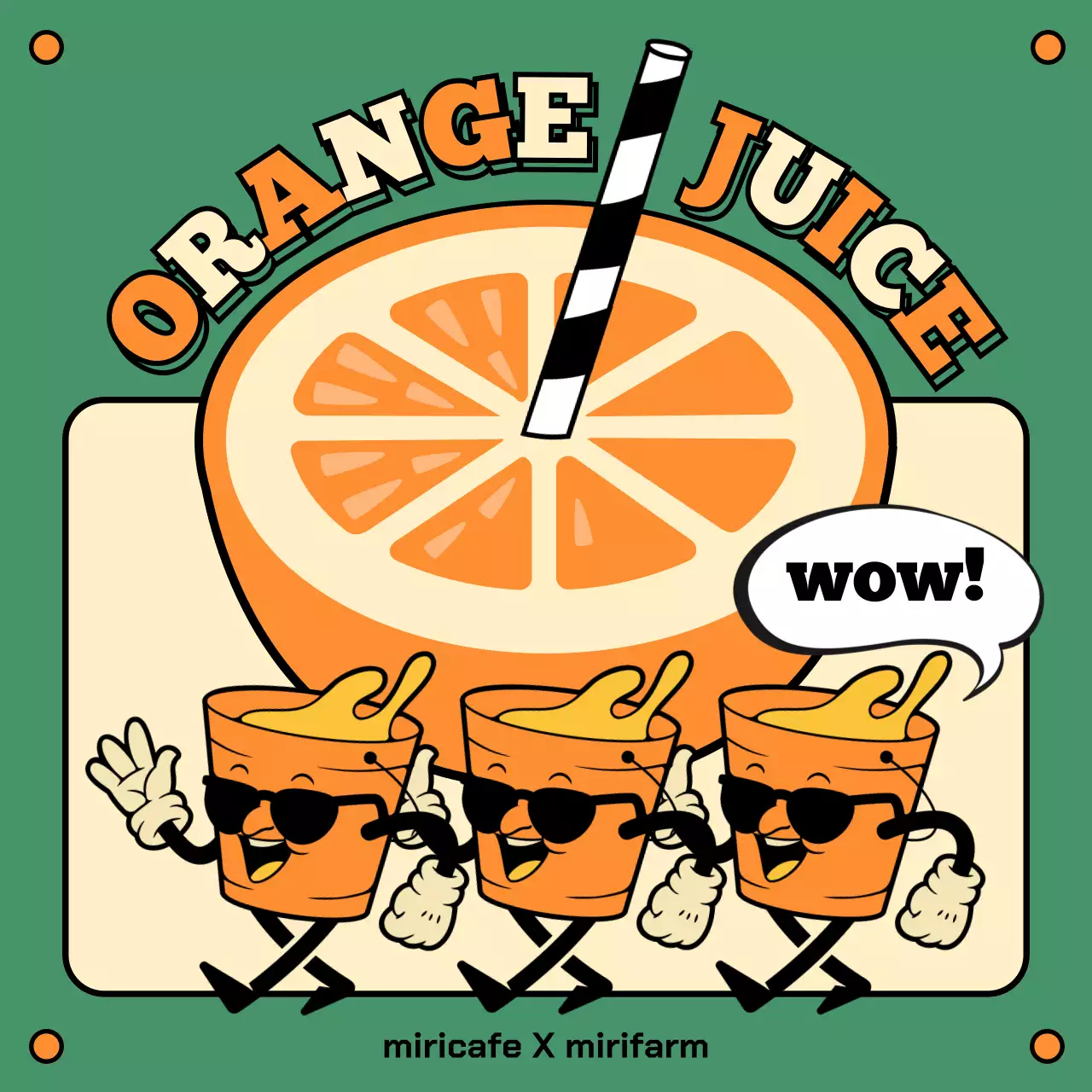 주황색과 민트색 레트로 스타일의 오렌지 주스 홍보