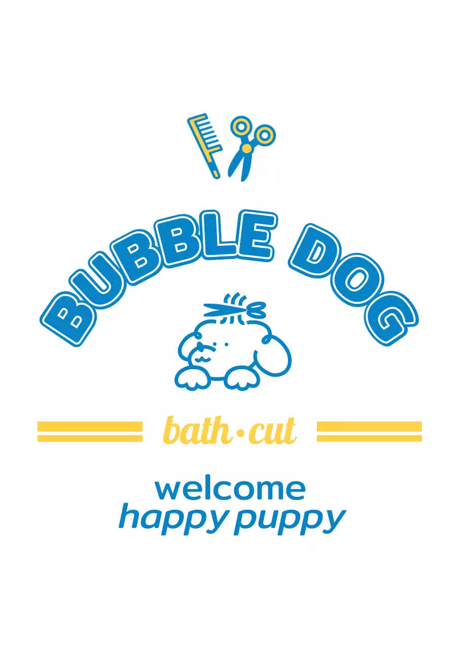 파란색과 노란색의 귀여운 강아지 캐릭터가 있는 애견 미용실