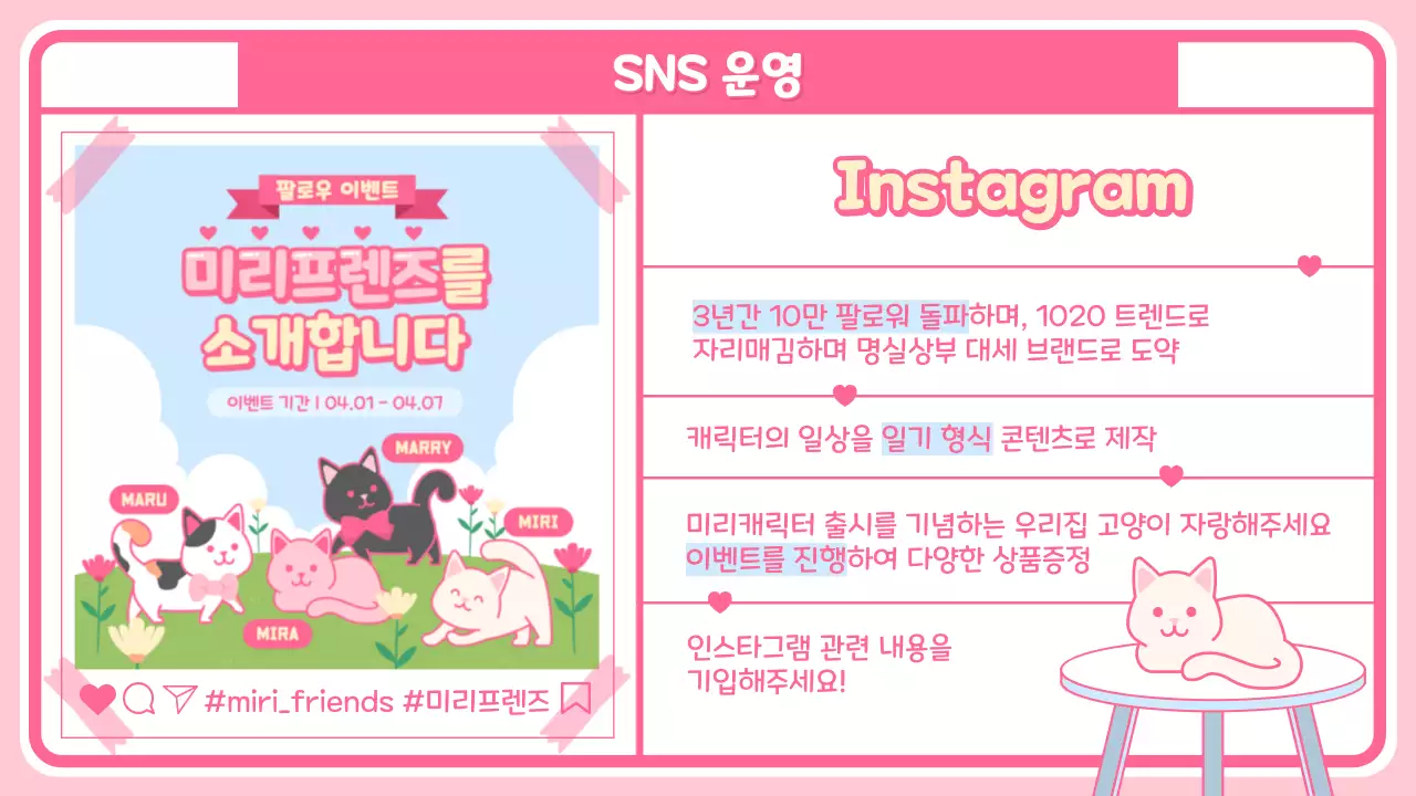 분홍색 체크무늬 배경의 귀여운 캐릭터와 굿즈 소개 페이지