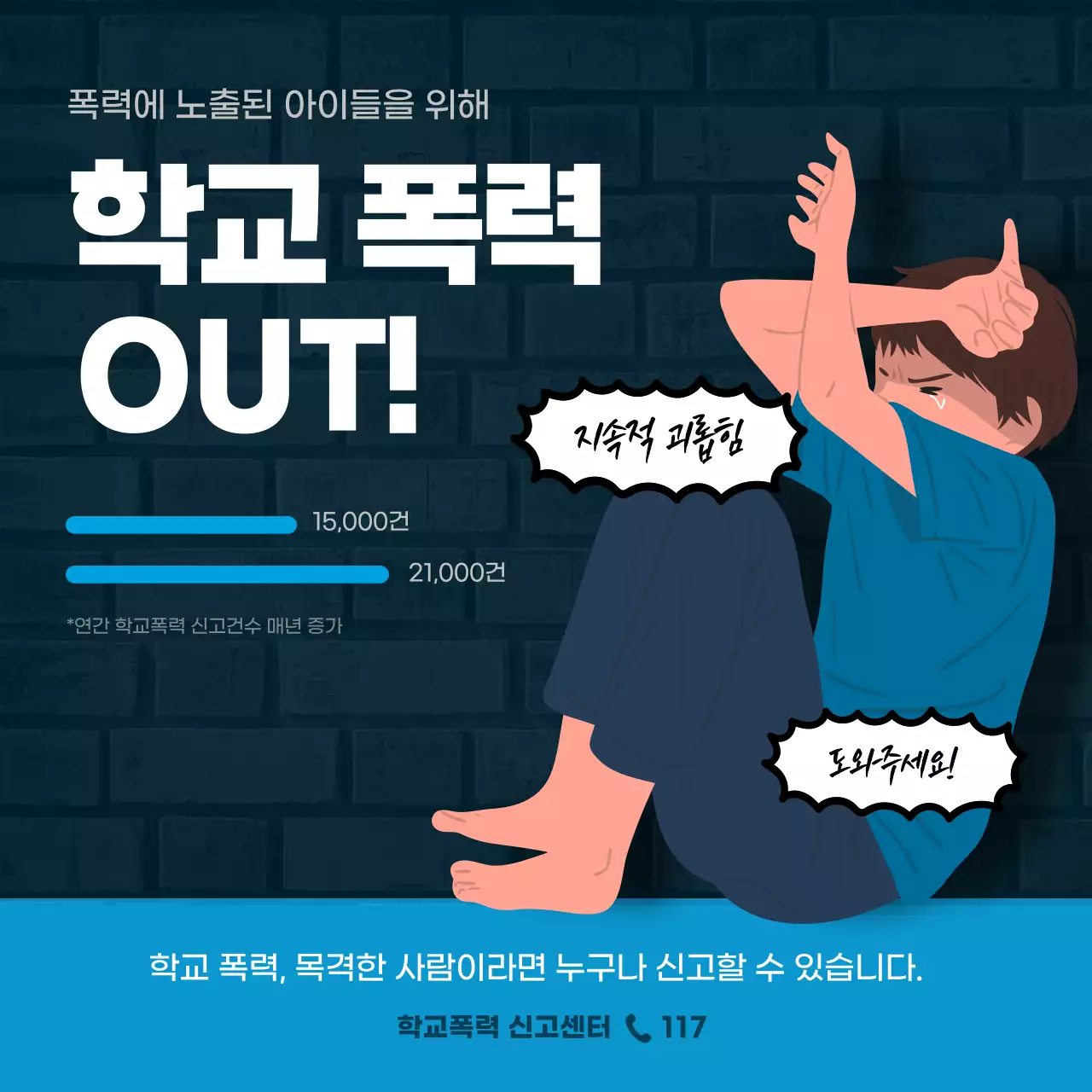 남색과 파란색의 학교 폭력 신고 캠페인