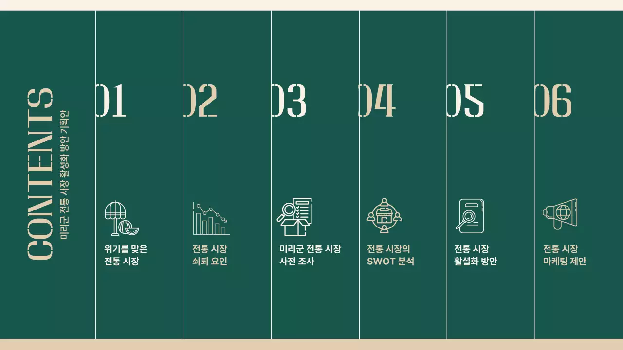 녹색과 베이지색의 오브제와 타이포를 활용한 전통시장 활성화 방안 기획안