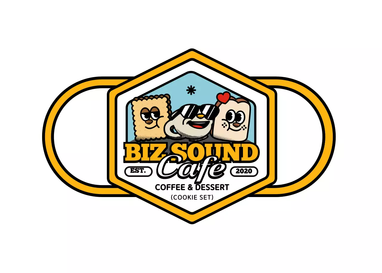 노란색과 검정색의 귀엽고 힙한 캐릭터 로고 스타일 카페 굿즈 시리즈 