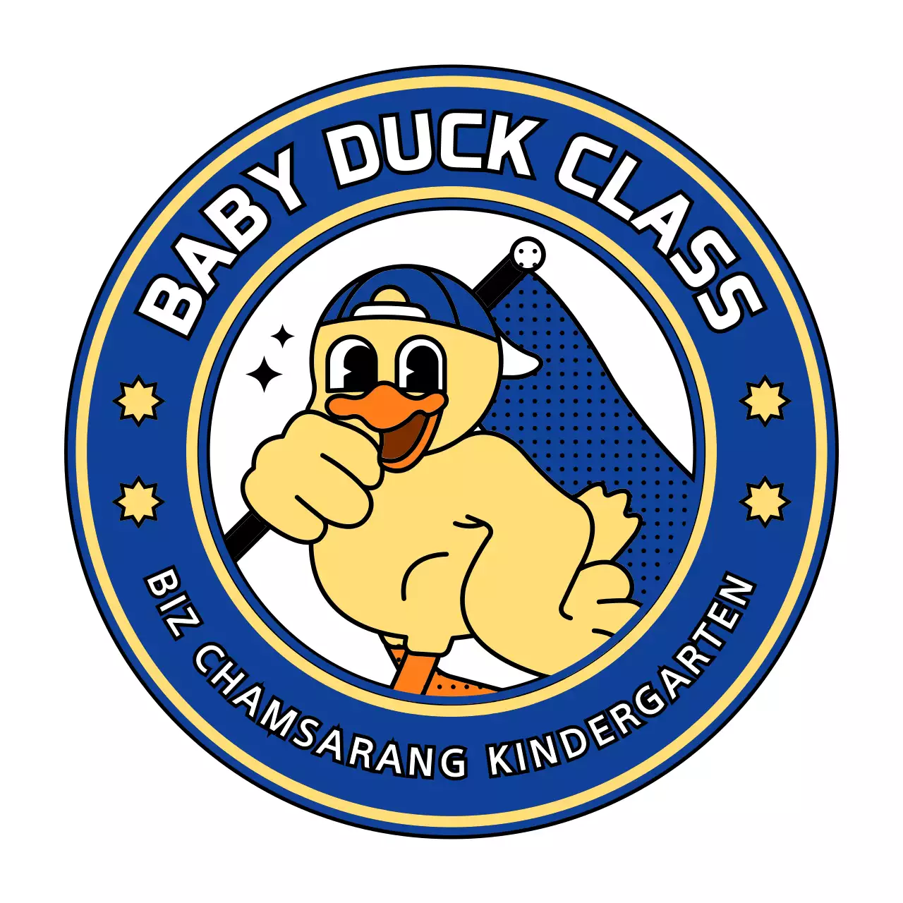 남색과 노란색의 깔끔하고 귀여운 캐릭터 심볼이 들어간 앰블럼 로고 스타일 어린이집 체육대회용 