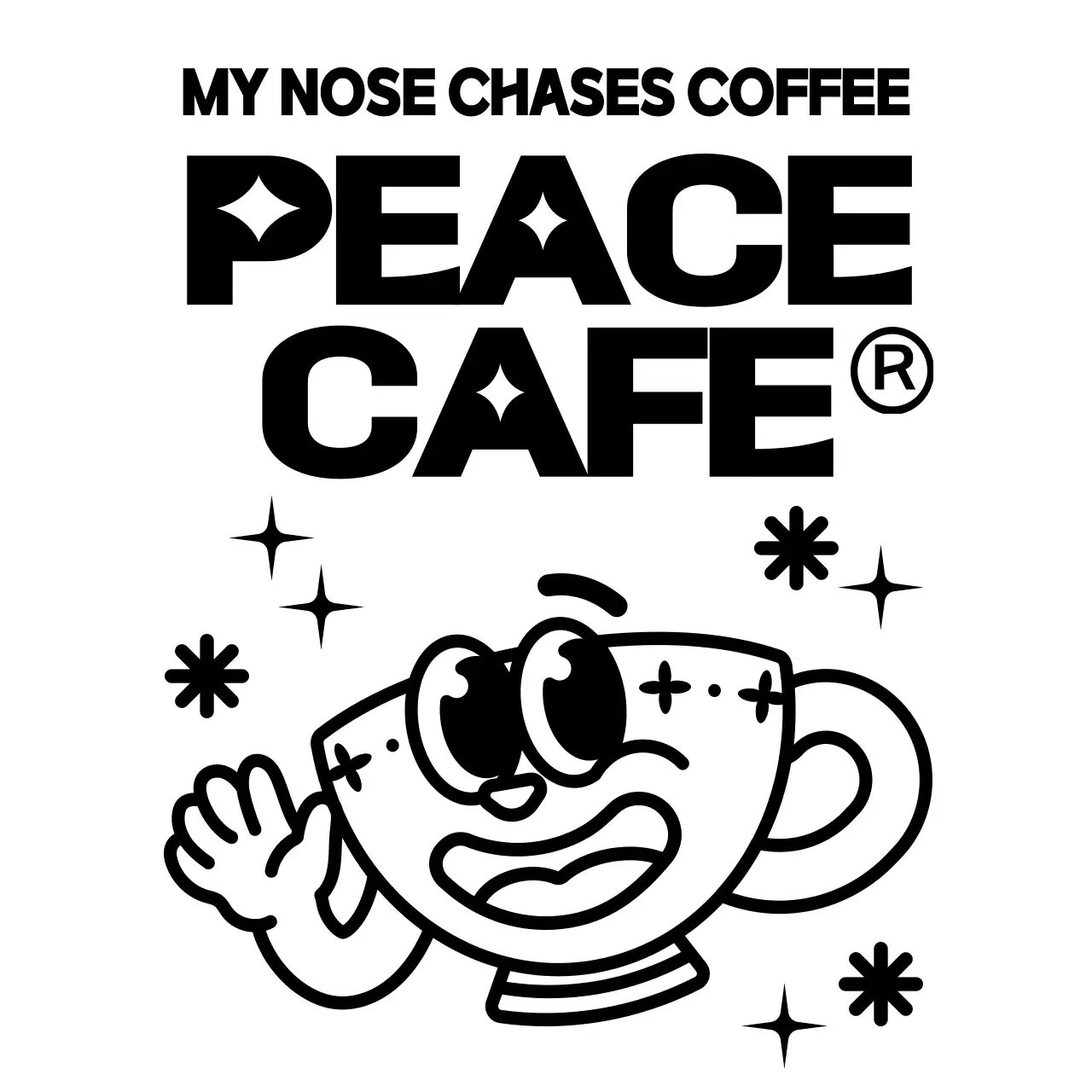 검정색과 하얀색의 귀엽고 힙한 커피잔 캐릭터와 텍스트 조합 로고 스타일 카페 홍보 및 판촉용 