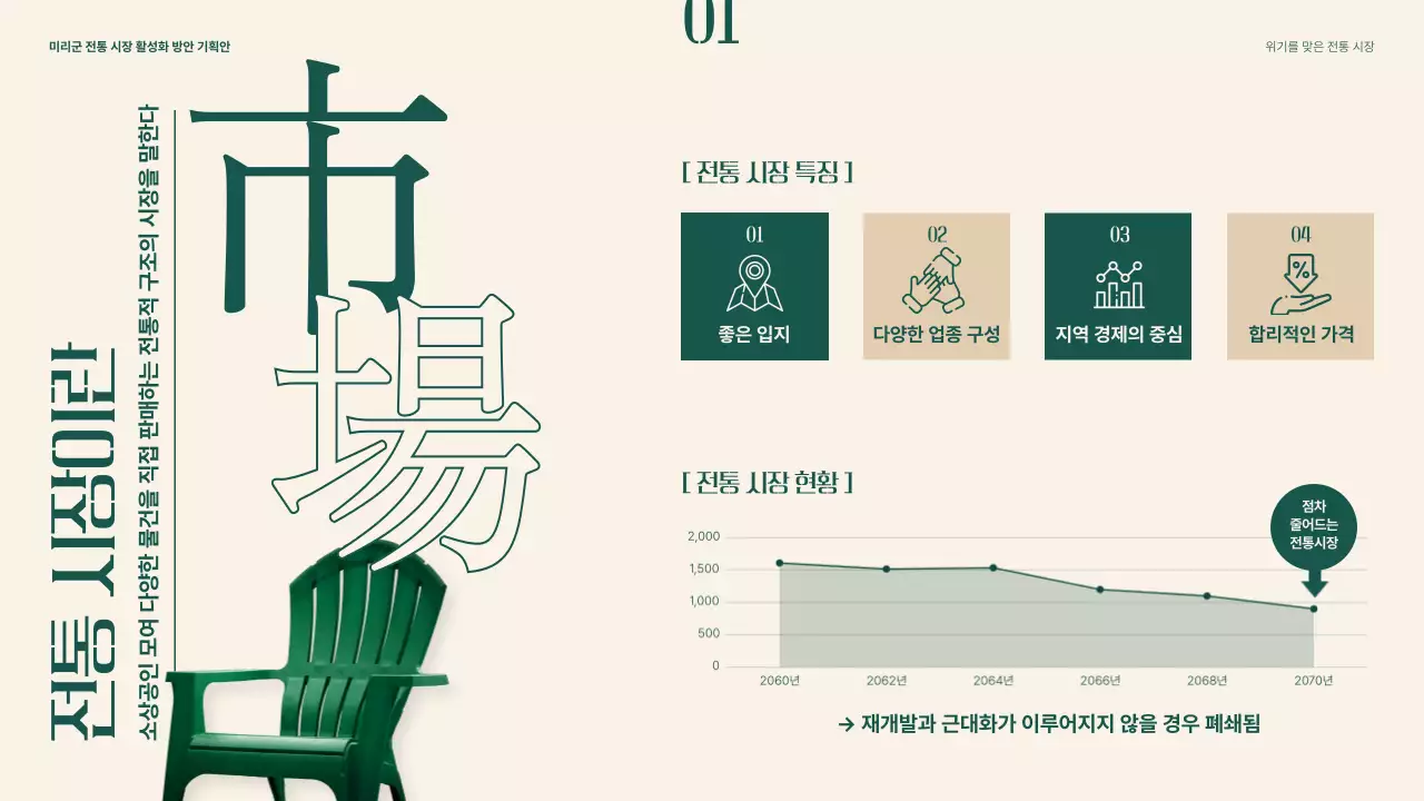 녹색과 베이지색의 오브제와 타이포를 활용한 전통시장 활성화 방안 기획안