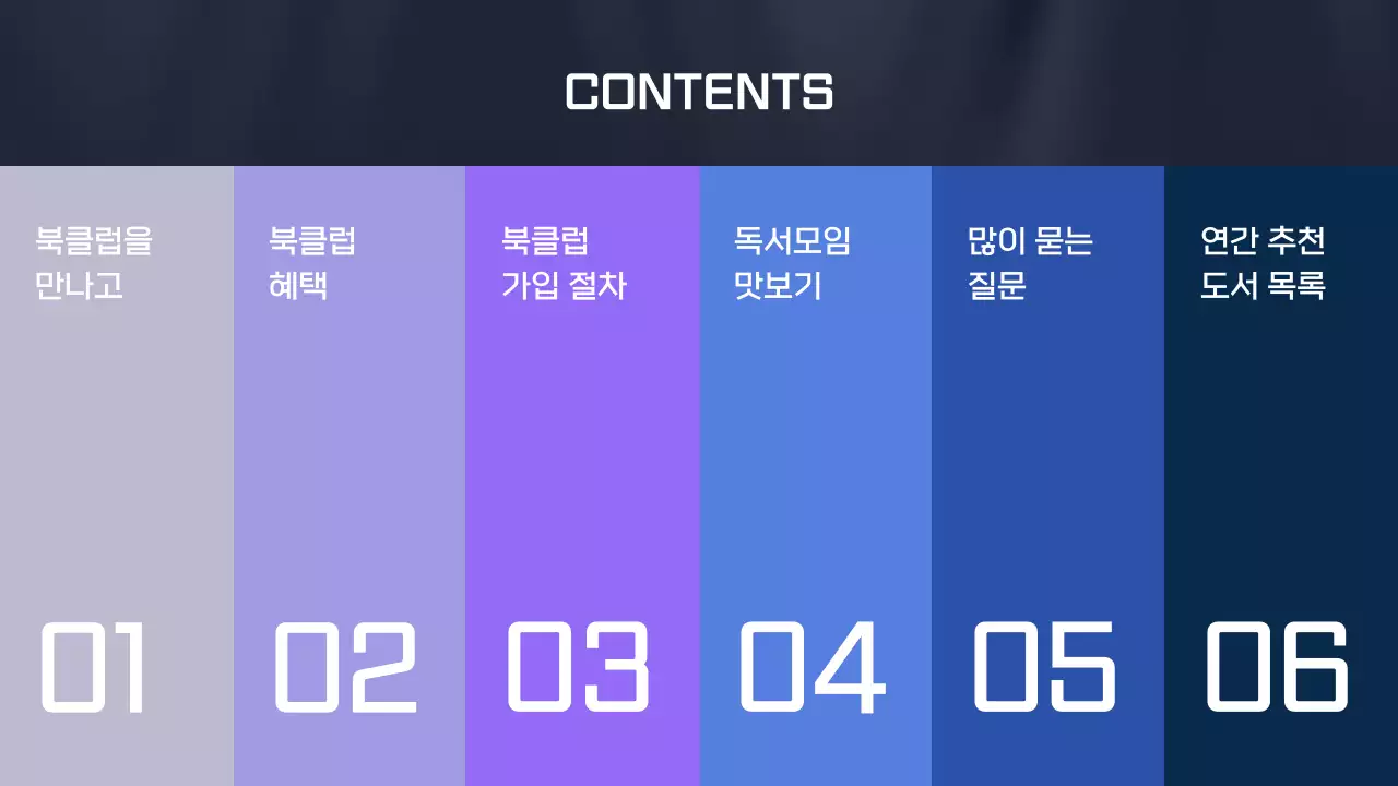 보라색과 파란색이 어우러진 심플한 배경에 사람 일러스트가 포인트로 들어간 책꽂이 테마