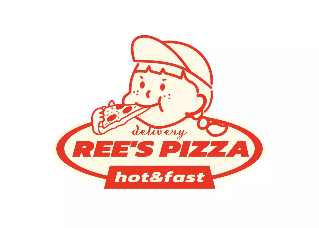 빨간색과 노란색의 귀여운 일러스트가 있는 피자가게 로고