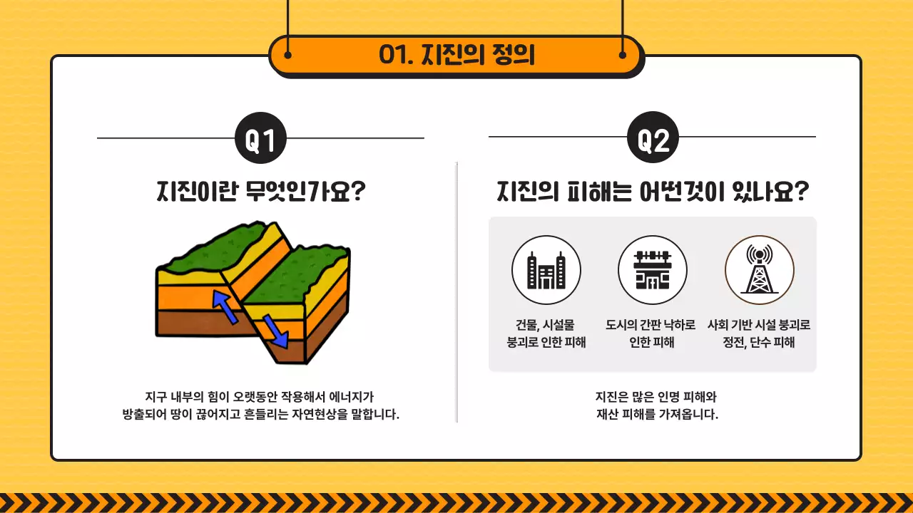 노란색과 검정라인의 초등학교 지진 재난 대비 교육
