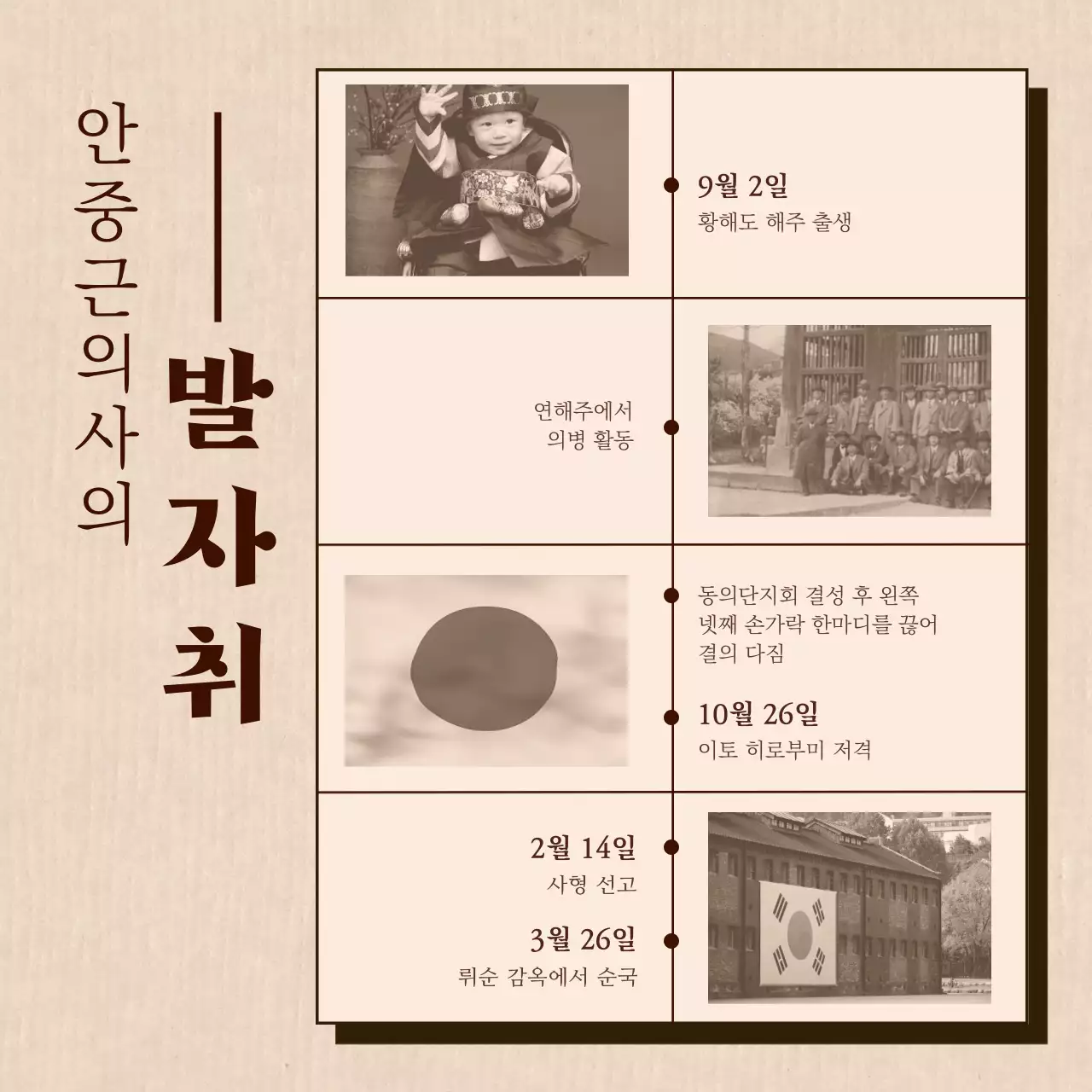 옅은 브라운톤의 한국적인 분위기의 독립운동 안내