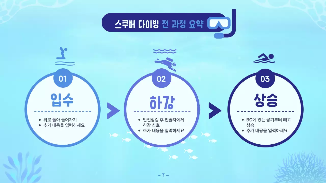 파란색의 시원하고 깔끔한 스쿠버다이빙 기술 및 안전 교육