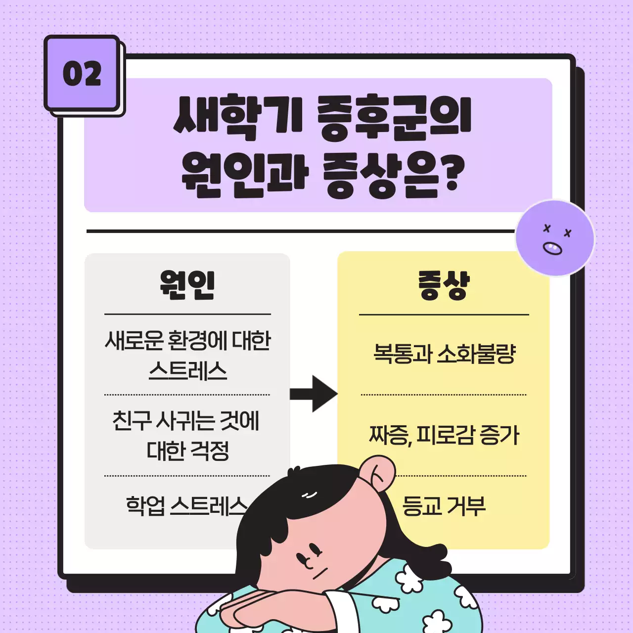 심플한 파스텔톤의 일러스트, 이모티콘을 사용한 새학기 증후군 정보 제공 (카드뉴스) 