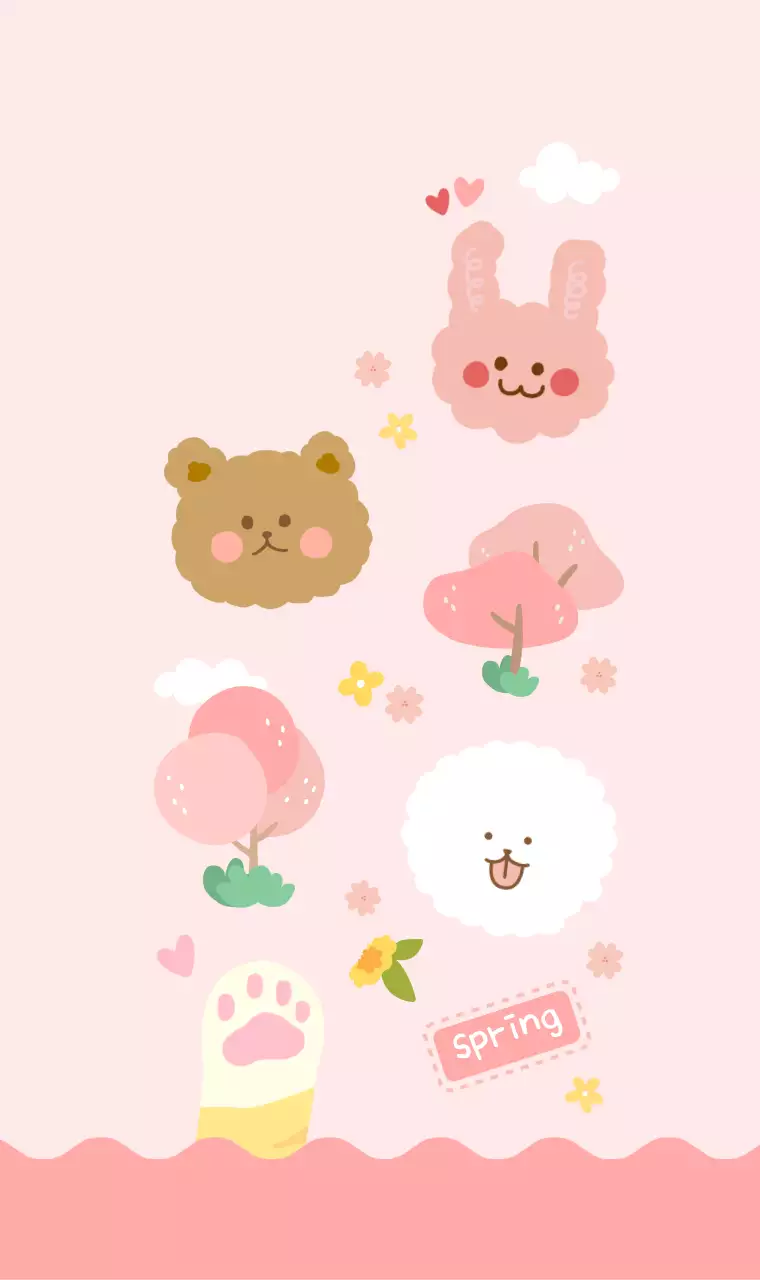 러블리한 무드의 분홍색 귀여운 동물들의 벚꽃 나들이 