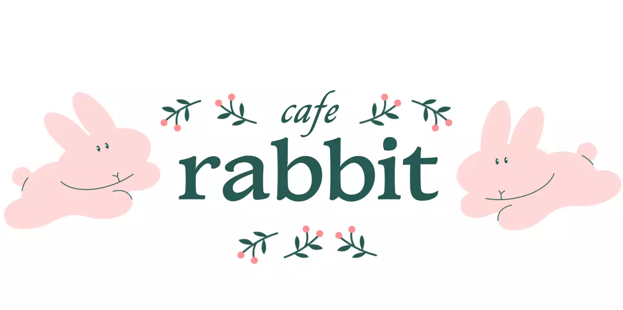 분홍색과 녹색의 귀여운 토끼 일러스트와 열매 식물이 있는 빈티지한 컨셉의 카페 굿즈
