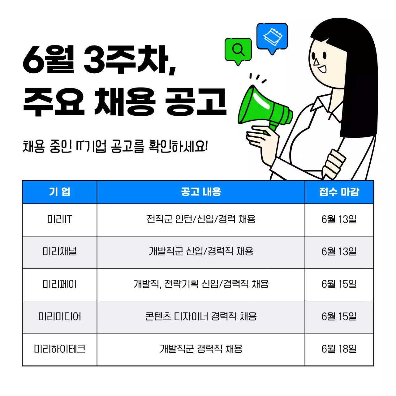 하늘색과 연두색의 귀엽고 단순한 비즈니스 일러스트의 it기업 채용 공고 리스트