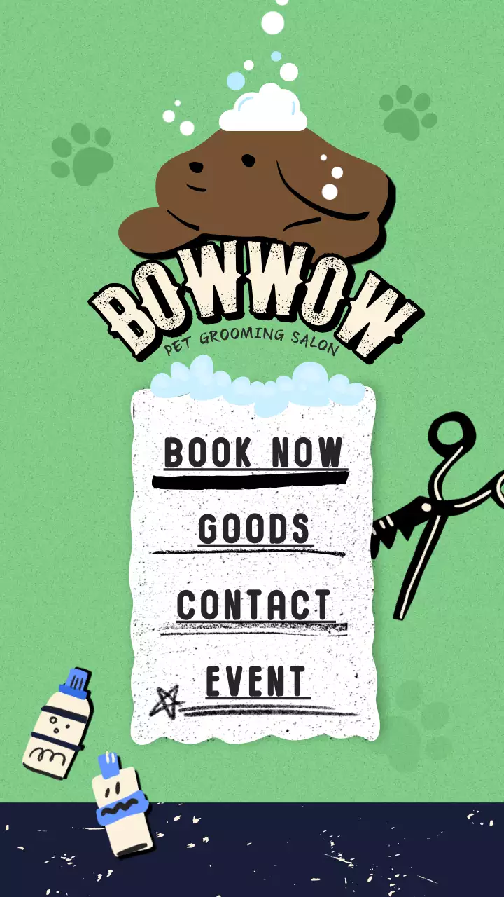 초록색 배경의 갈색 강아지가 거품 목욕하는 컨셉의 인스타스토리