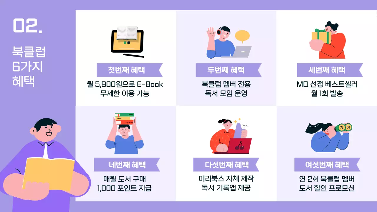 보라색과 파란색이 어우러진 심플한 배경에 사람 일러스트가 포인트로 들어간 책꽂이 테마