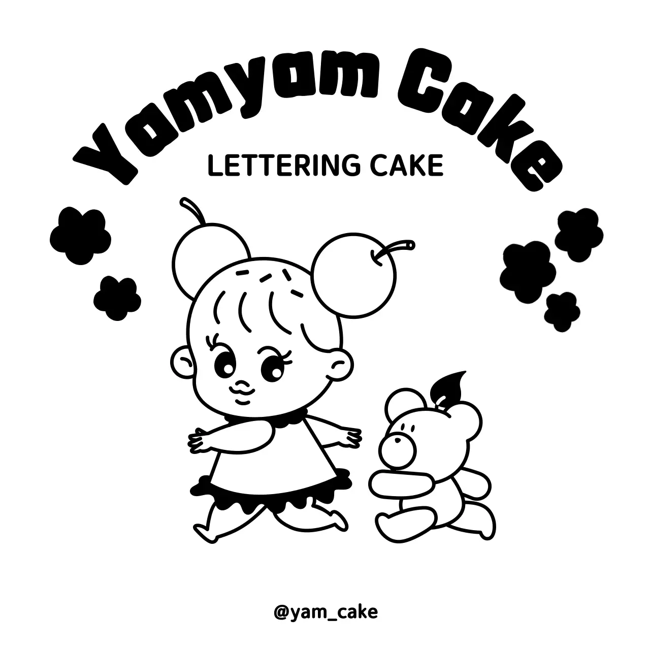 검정색의 귀여운 여자아이와 곰돌이 일러스트가 있는 수제 레터링 케이크 가게 디자인