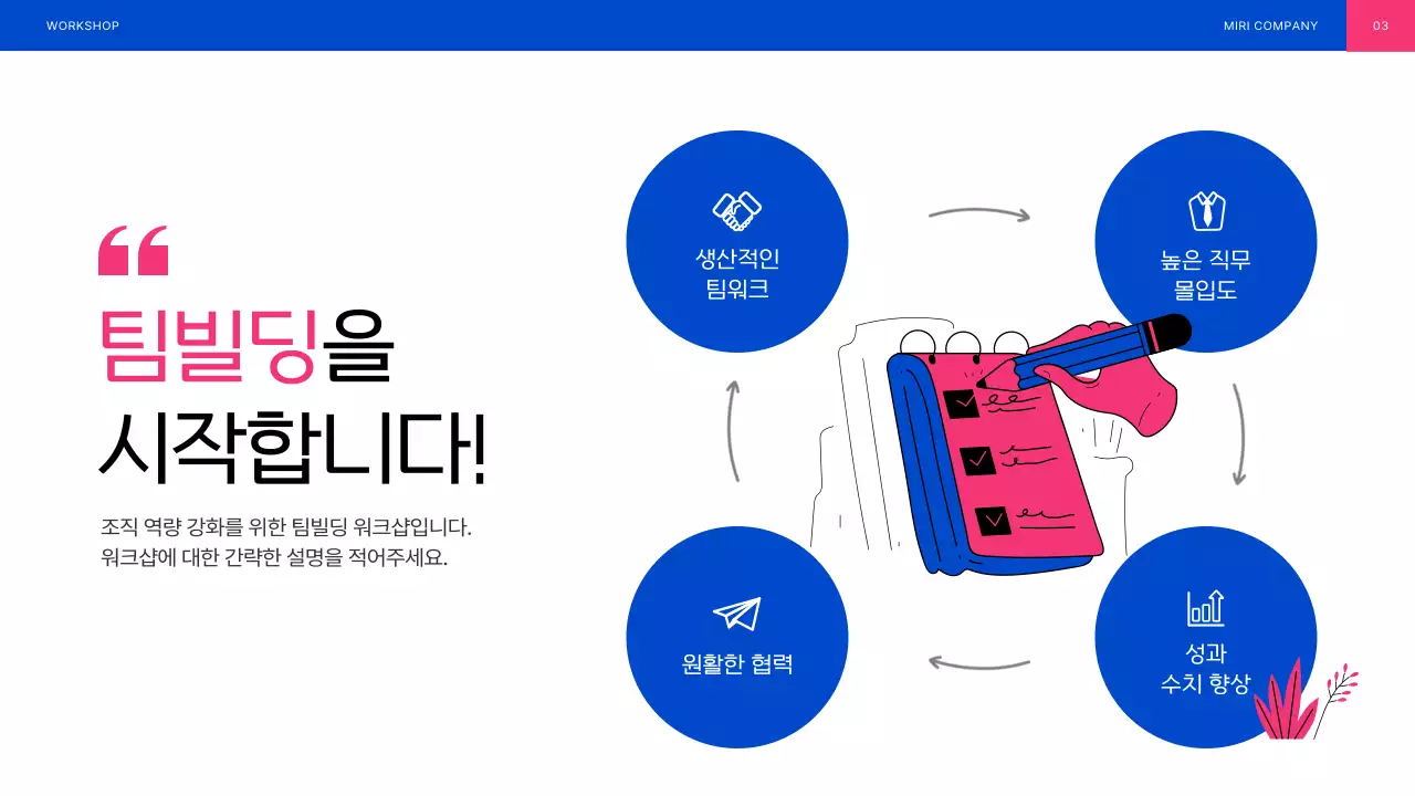 블루와 핑크의 일러스트 강조 팀빌딩 워크샵