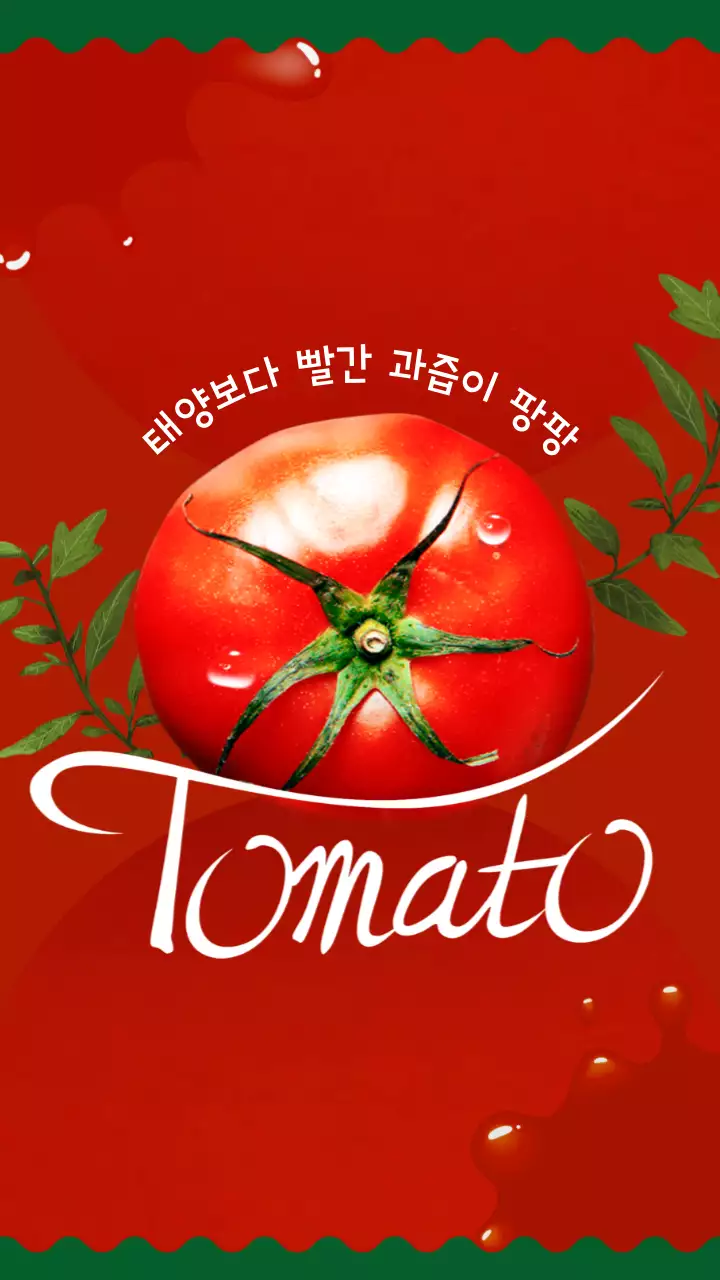 빨간색 초록색 캘리그라피와 신선한 이미지 조합의 토마토 홍보
