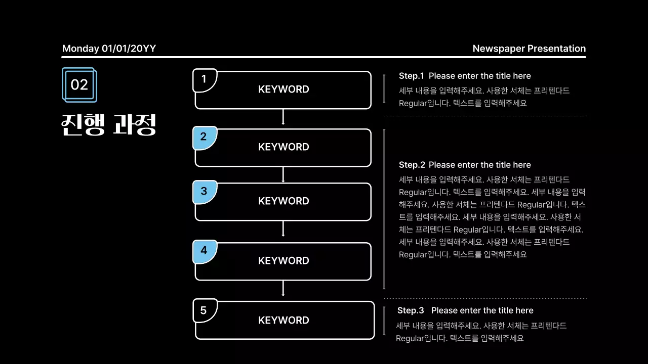 블랙 배경의 뉴스페이퍼 컨셉의 굵은 라인의 주목성있는 프레젠테이션