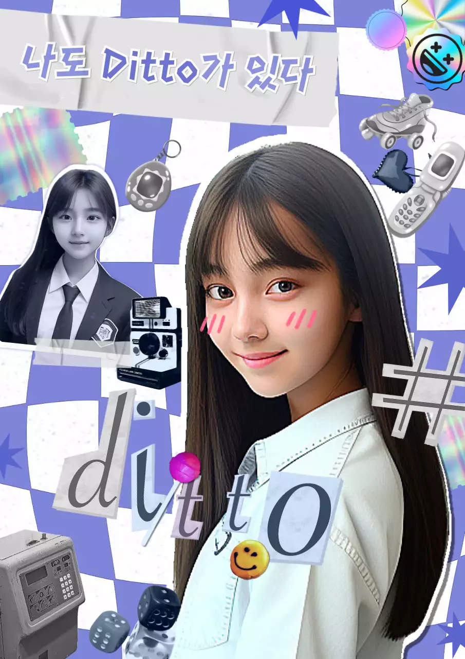 보라색 뉴트로 컨셉의 키치한 스티커로 꾸민 학창시절