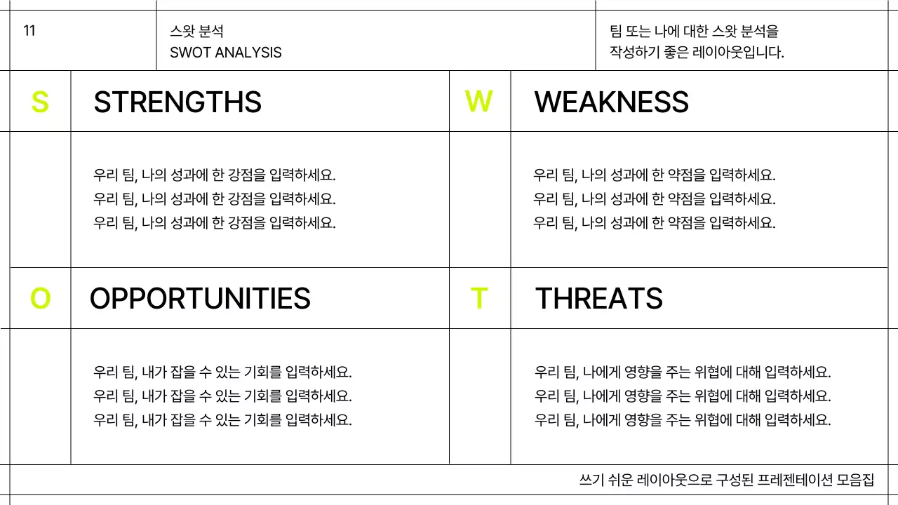 화이트와 블랙 라인의 그리드를 강조한 심플한 성과 보고 레이아웃