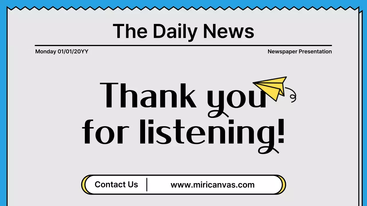 노랑색과 하늘색의 포인트컬러의 뉴스페이퍼 컨셉의 굵은 라인의 주목성있는 프레젠테이션