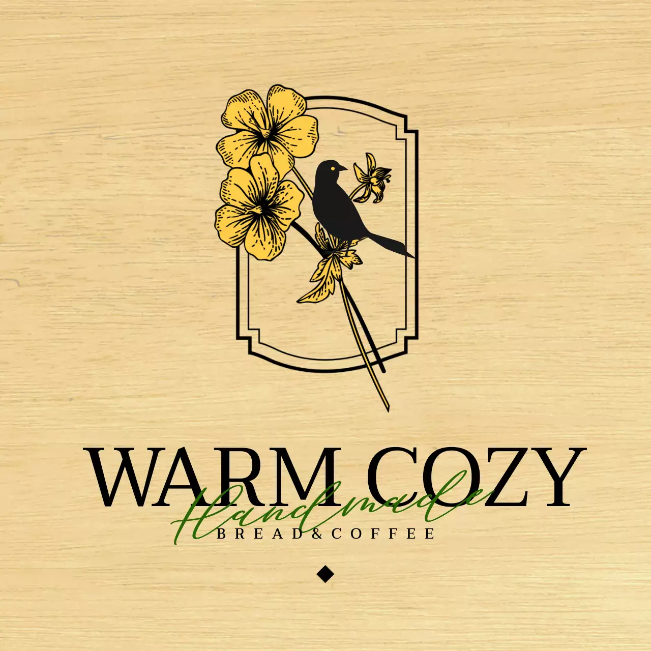 검정색과 노란색의 꽃과 새 일러스트가 있는 감성적인 베이커리 카페 디자인