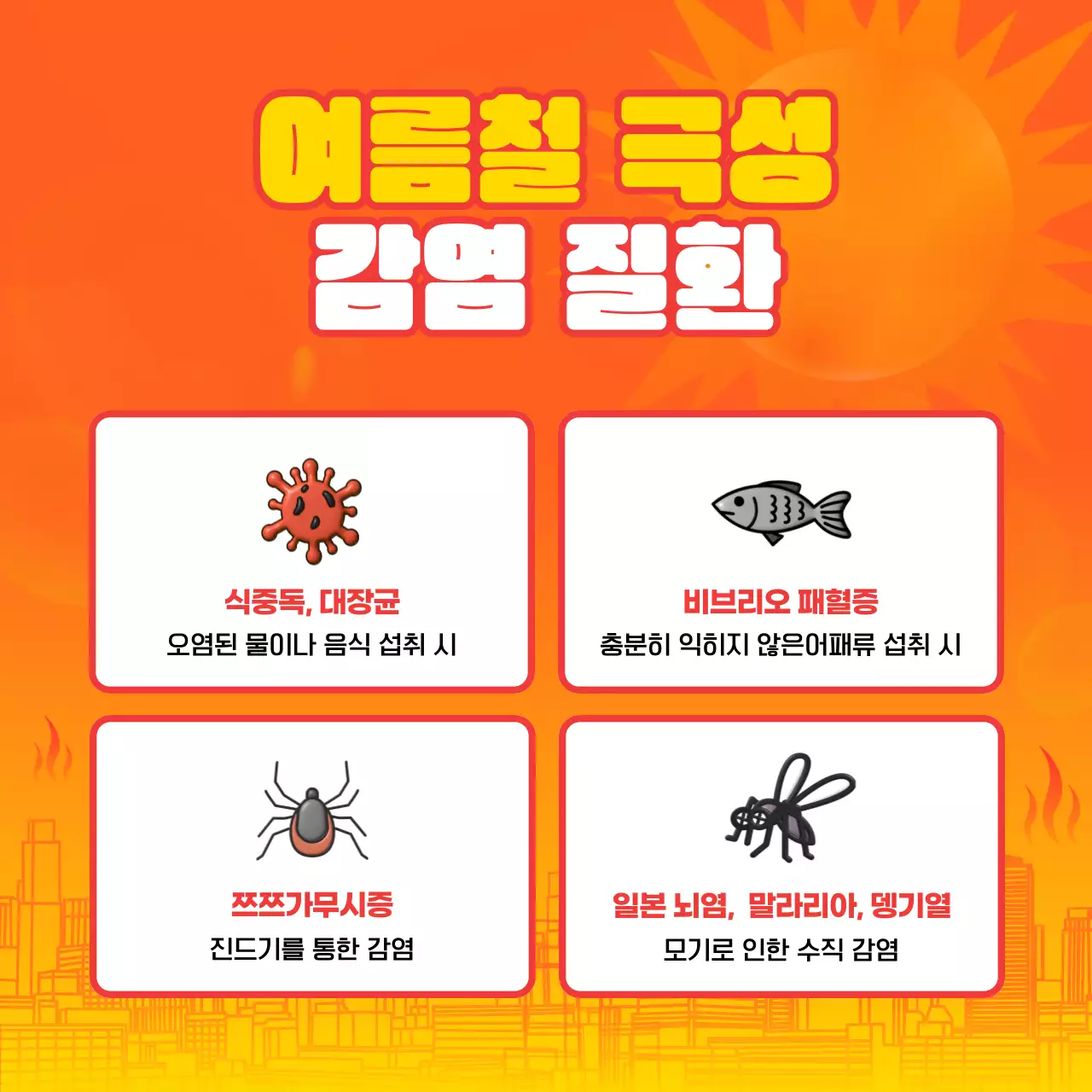 주황색과 파랑의 아기자기한 여름 폭염 더위 대처법 예방 건강 수칙 설명