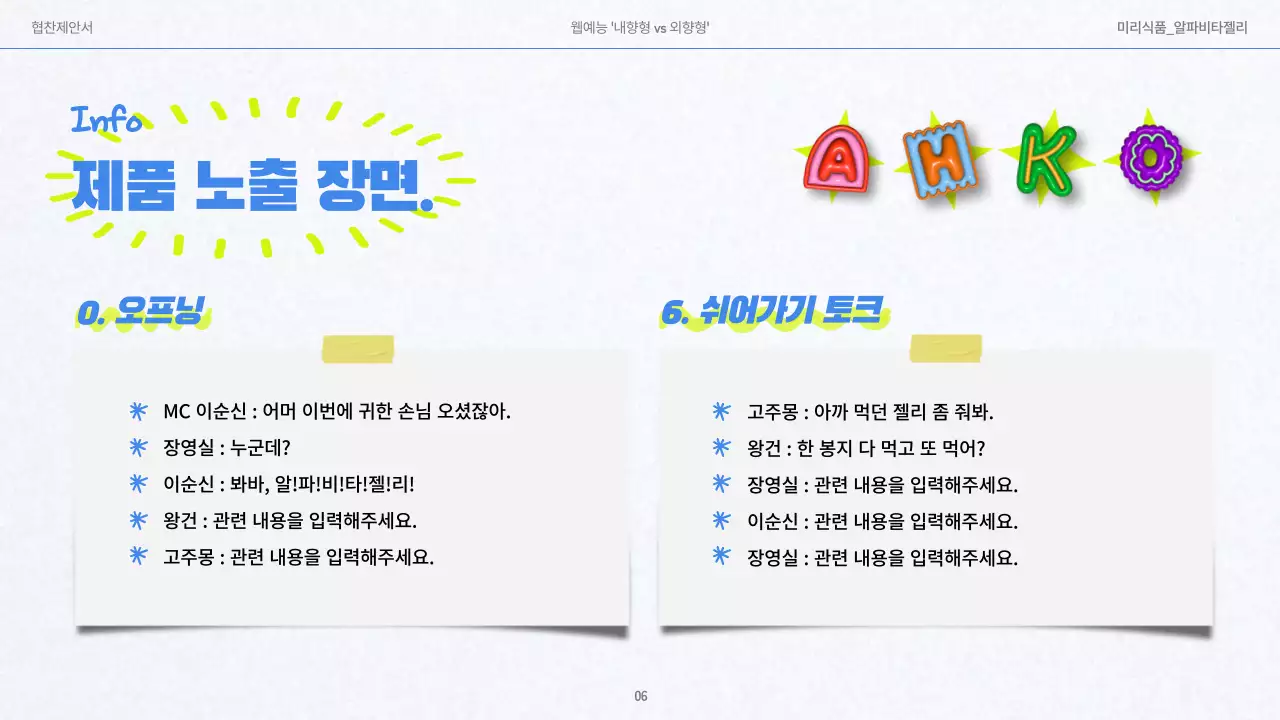 파랑과 연두와 화이트배경의 깔끔한 낙서컨셉의 젤리 협찬 제안서