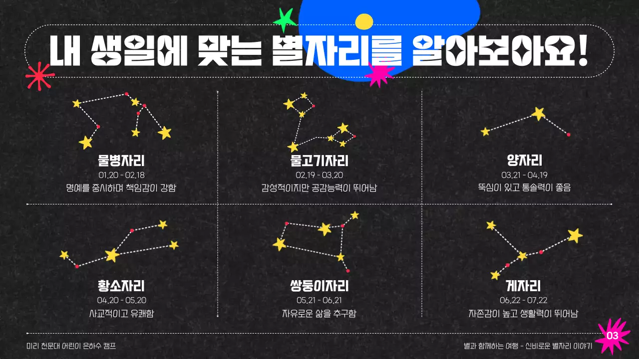 블랙배경의 컬러풀한 천문대 은하수캠프 별자리 교육 자료