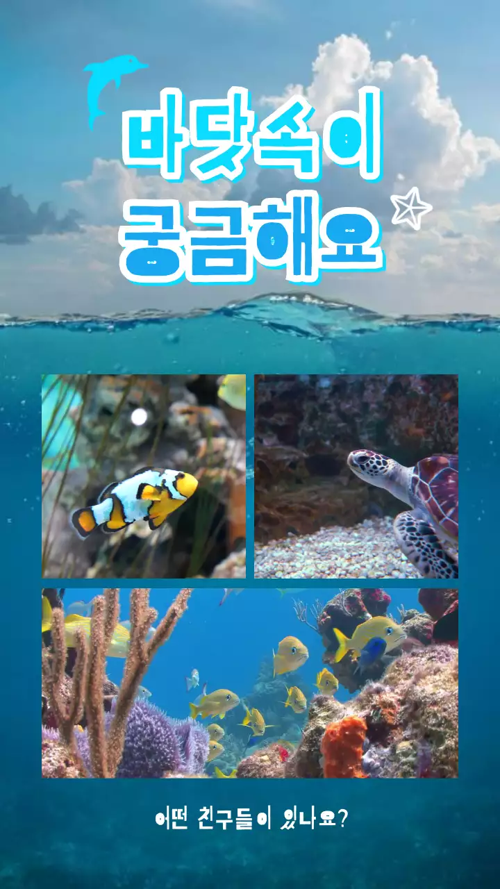 파란 바다 배경의 귀여운 바닷속 생물 소개