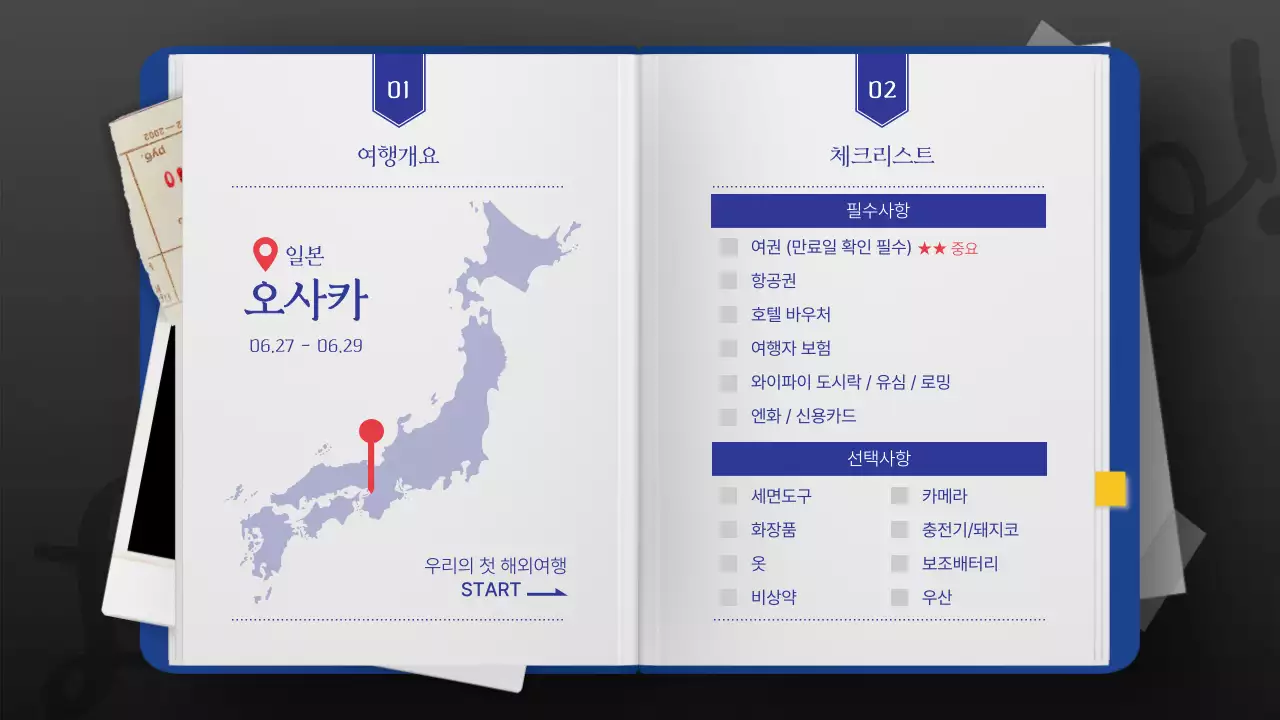 파란색 여권 컨셉의 클래식한 여행 계획서