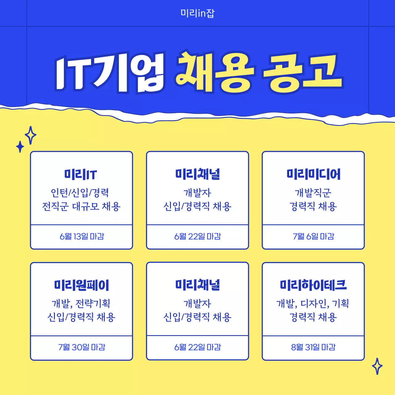 파란색과 노란색의 세련되고 패셔너블한 일러스트의 기업 비즈니스 채용 공고 정보