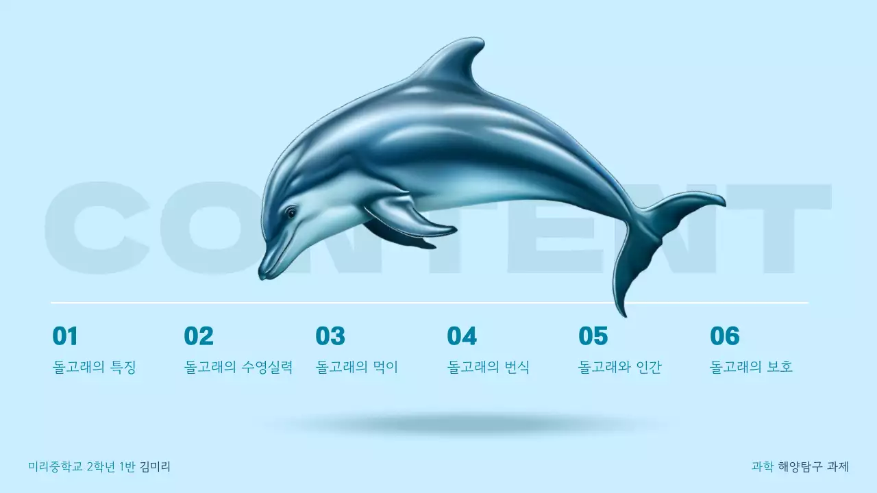파란색 바다 테마의 다이내믹한 3d 돌고래의 세계