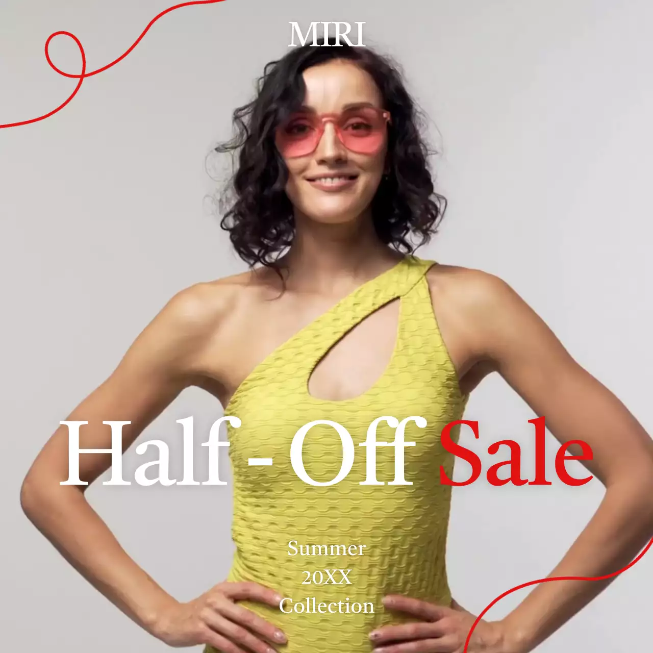 흰색과 빨간색의 모델을 활용한 반값 오프 할인 이벤트