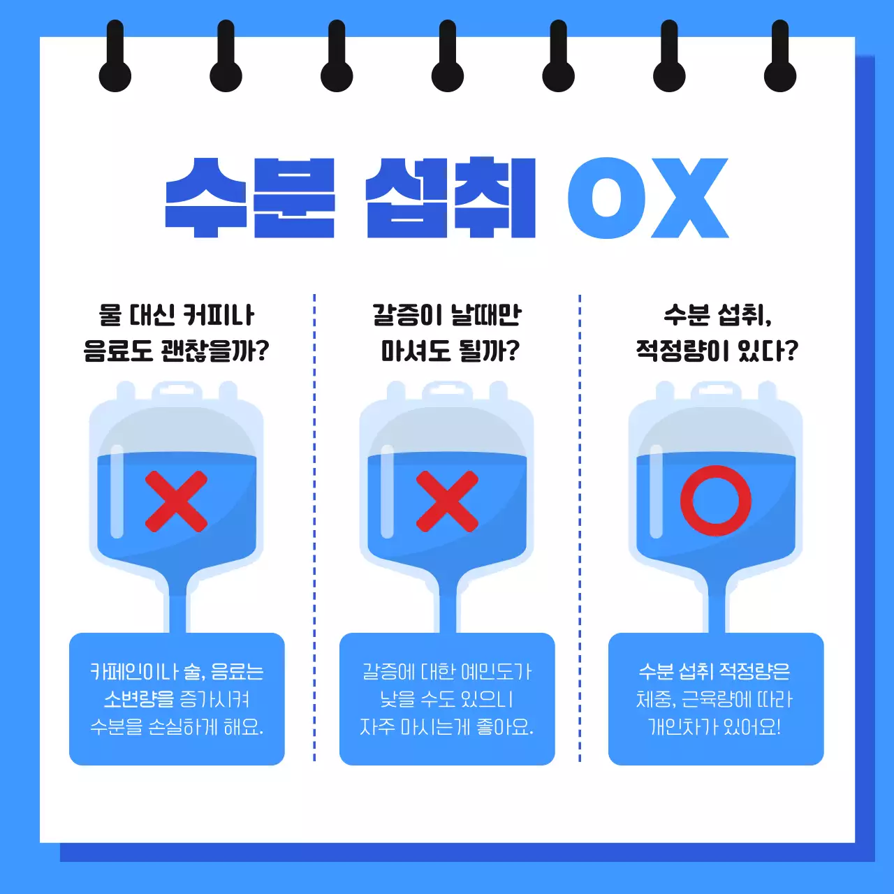 파란색과 하늘색의 귀엽고 단순한 일러스트의 노트 느낌의 만성 탈수증 질환 정보