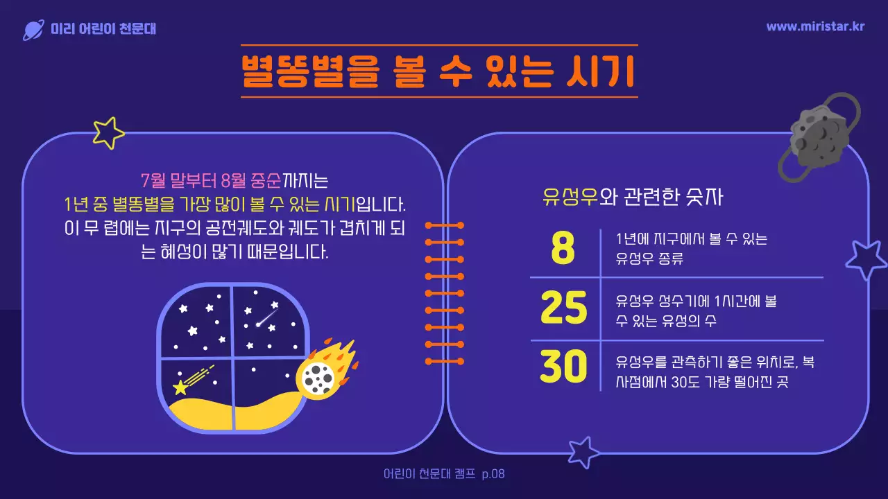 남색의 귀여운 일러스트로 여름별자리를 표현한 어린이 교육자료