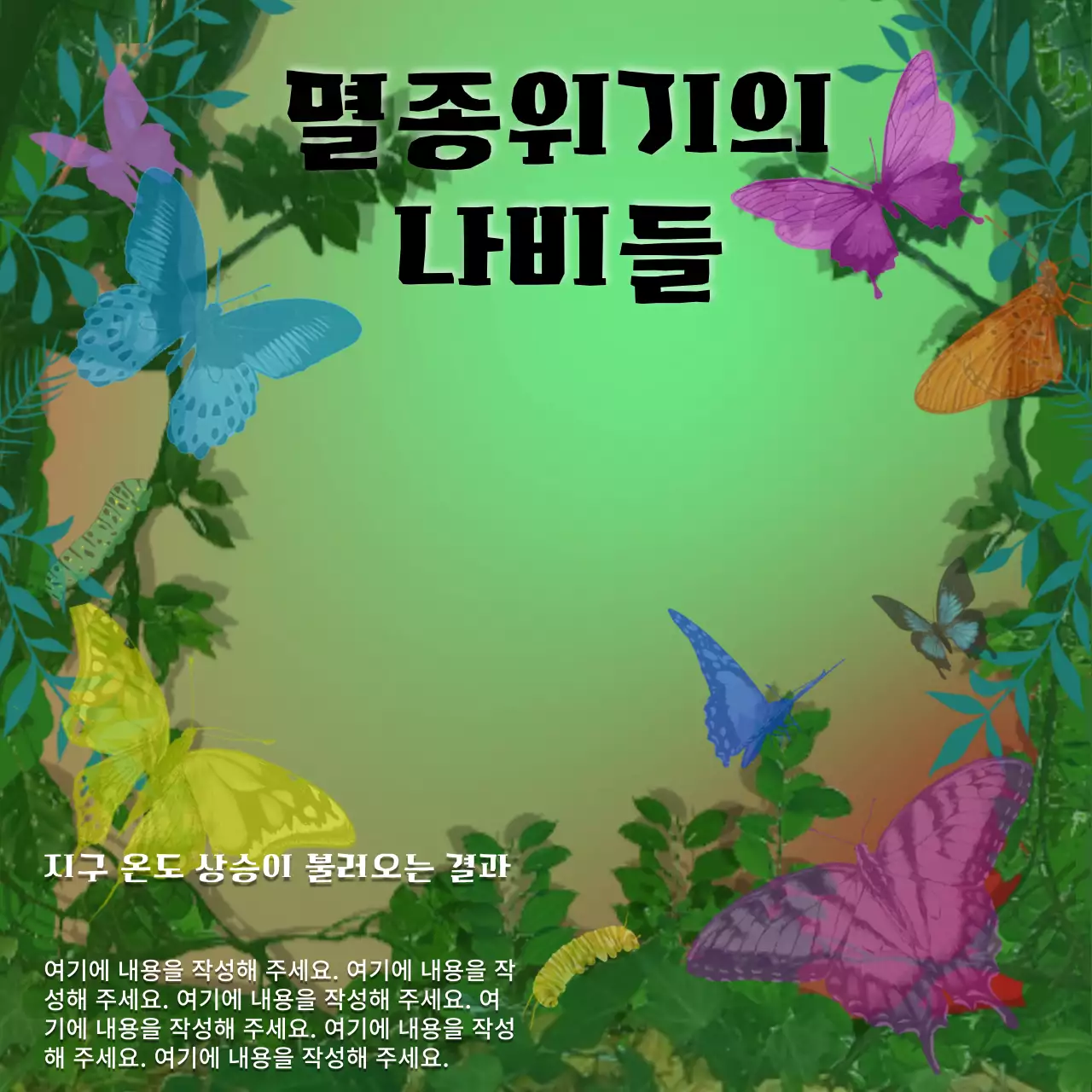 숲속 다양한 컬러의 멸종위기의 나비들