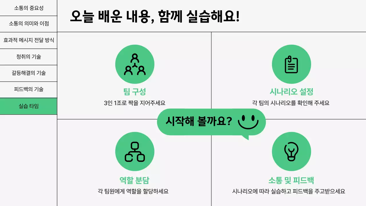 초록색과 흰색의 기본적인 소통의 기술 교육자료