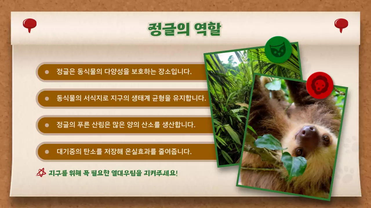 갈색과 초록색의 메모보드 컨셉 정글 이야기