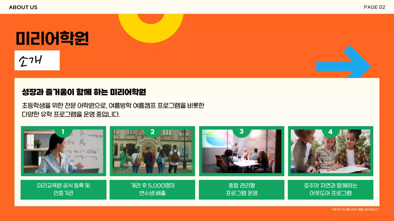 컬러풀한 색감과 플랫한 일러스트 도형이 들어간 영어원서 컨셉의 어학원 여름캠프 제안