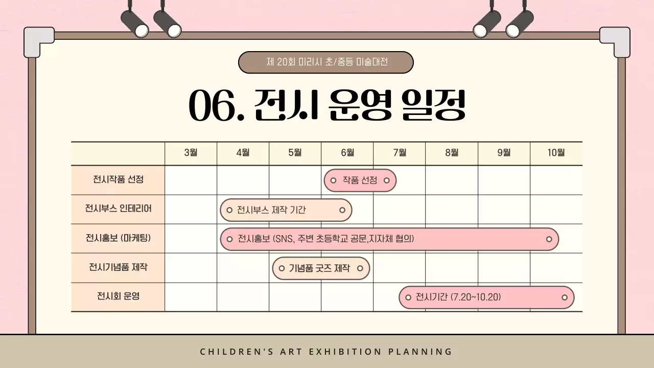 핑크색과 갈색의 미니멀한 어린이 미술 전시 기획서