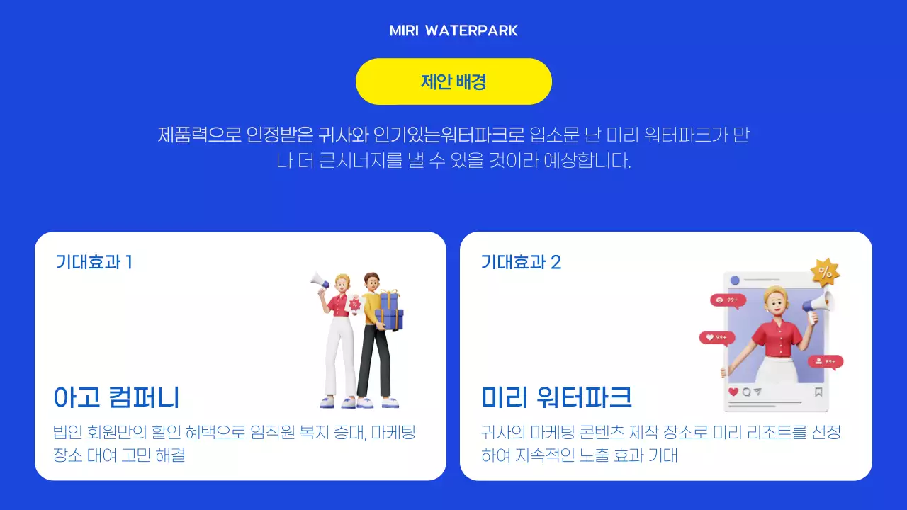 파란색 노란색의 시원한 3d 요소를 사용한 워터파크 제휴제안서