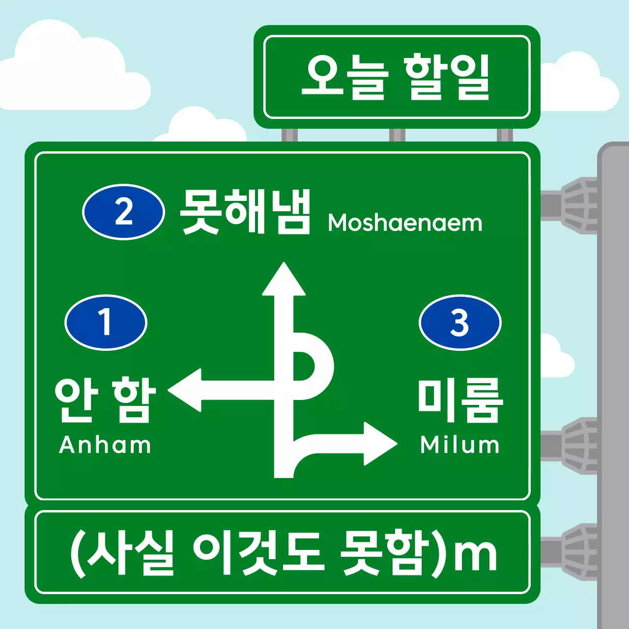 초록색과 파란색의 도로 표지판 컨셉 할일 밈