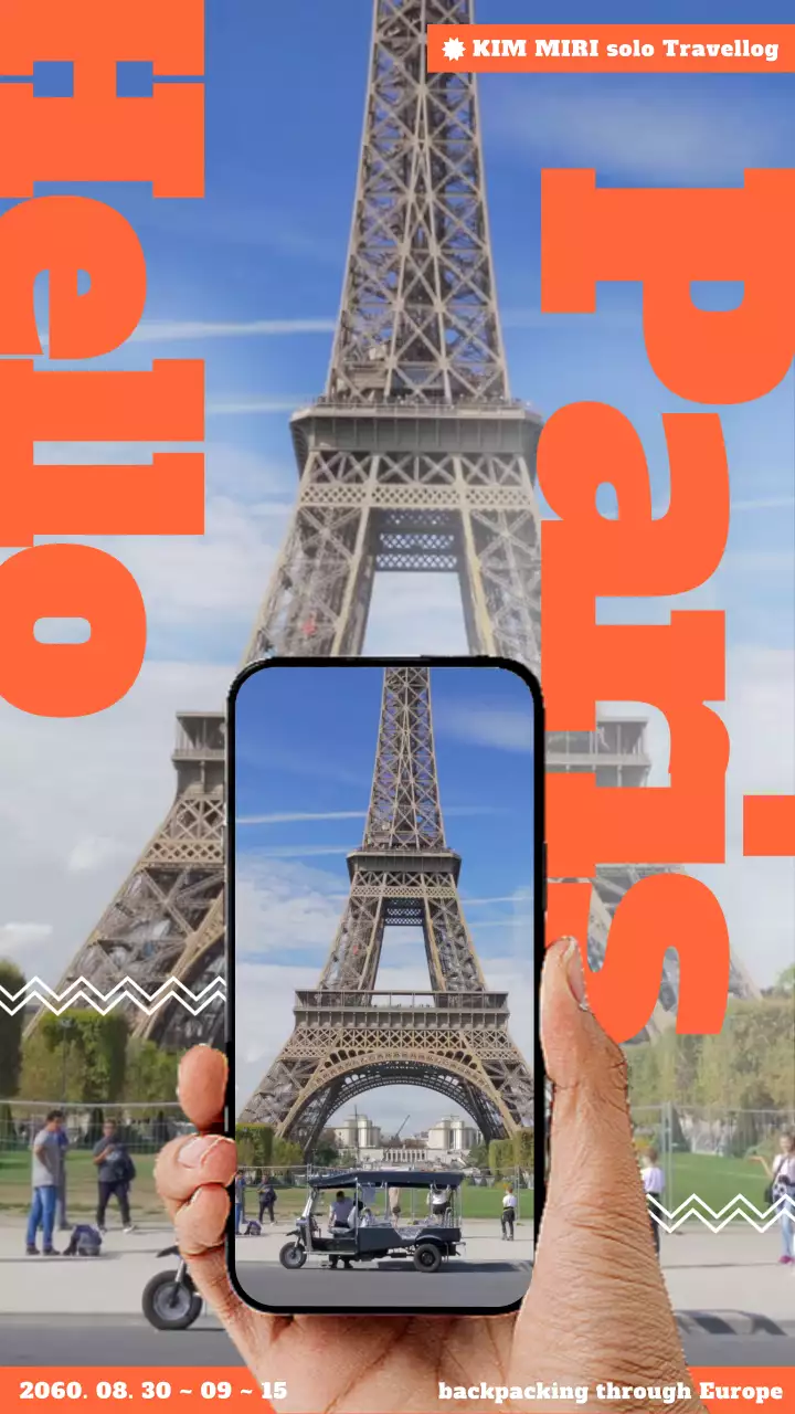 주황색 타이포와  스마트폰 프레임이 강조된 파리 여행 브이로그